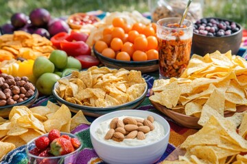 Assorted Delicious Snack Foods on Colorful Table