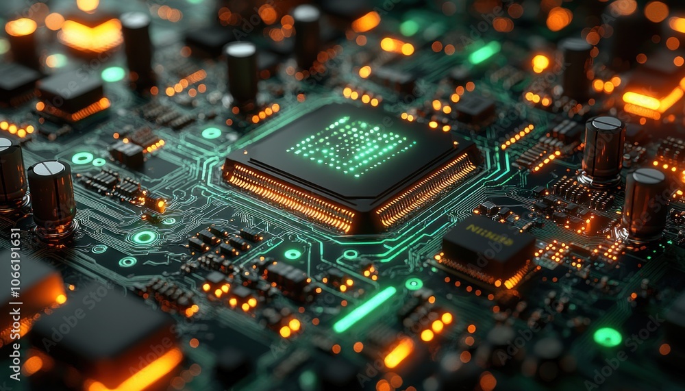 Poster A Close-Up View of a Computer Motherboard with a Glowing CPU