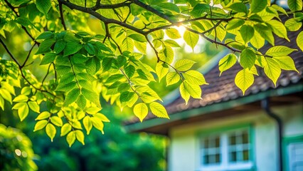 Obraz premium Sunlight filtering through vibrant green leaves, illuminating a peaceful, tranquil scene with a hint of a home in the background.