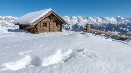 Naklejka premium Wooden Cabin in Snowy Alps Mountain Landscape Winter Wonderland
