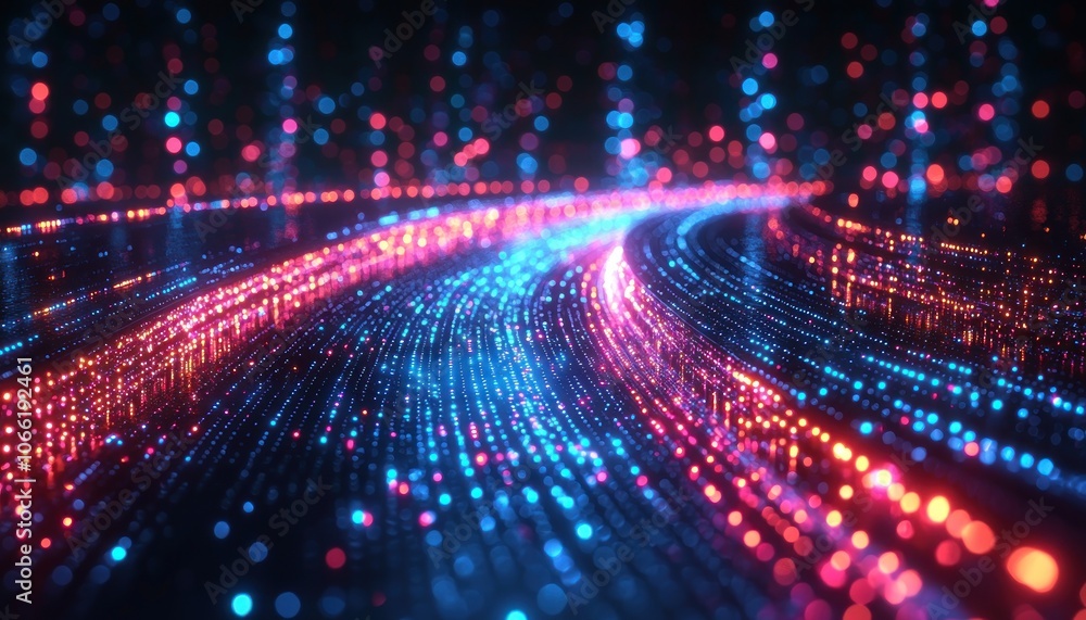 Poster abstract neon light trails with bokeh circles