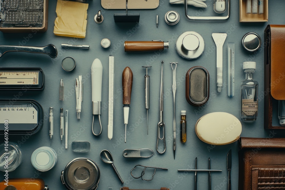 Poster flatlay of tools and objects on a blue background
