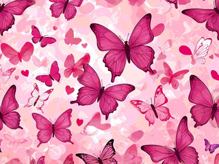 abstract illustration sillhouette Valentine pattern with pink translucent hearts and butterflies