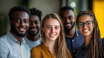 Fototapeta premium Diverse group of young adults smiling together in a casual setting.