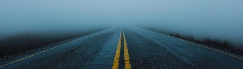 A desolate road stretches into a thick fog, creating a mysterious atmosphere, blending nature and human-made paths in an evocative scene.
