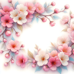 Obraz premium 흰 배경, 벚꽃 프레임, 테두리, 파스텔화 (White background, cherry blossoms frame, border, pastel painting)
