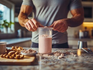 Fitness enthusiast preparing protein shake in a kitchen with healthy snacks.