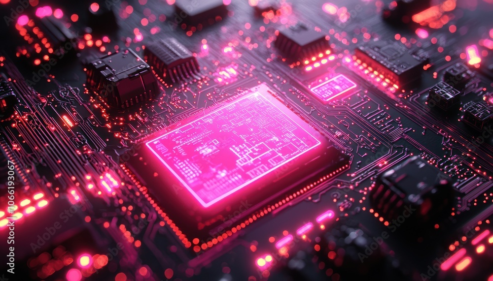 Poster Close-up of a Motherboard with Glowing Pink Circuits and a Processor