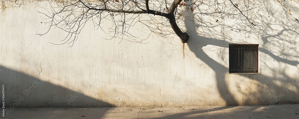 Aufkleber a minimalist scene featuring a sunlit wall with a shadow cast by a bare tree and a small window, evo
