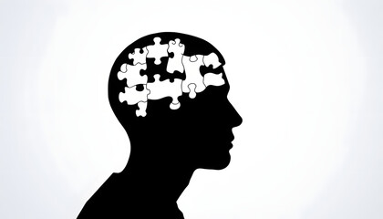 man head silhouette with jigsaw isolated with white highlights, png