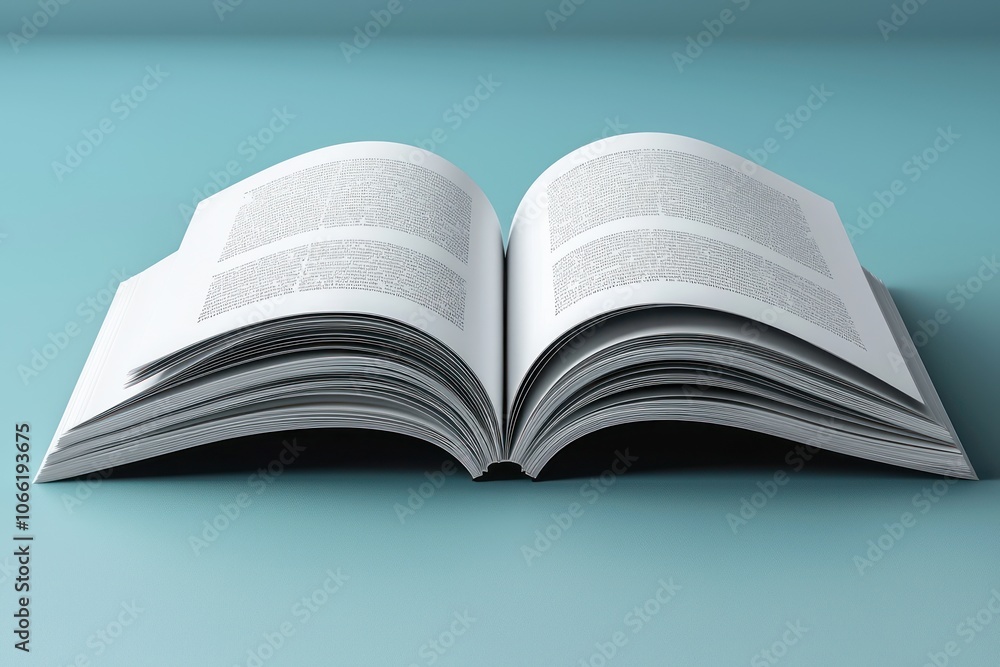 Poster open book with white pages and unreadable text on a blue surface