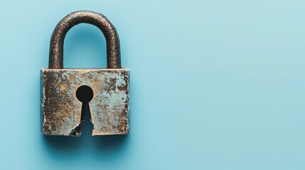 Old locked padlock with rust on a solid blue background symbolizing low secure