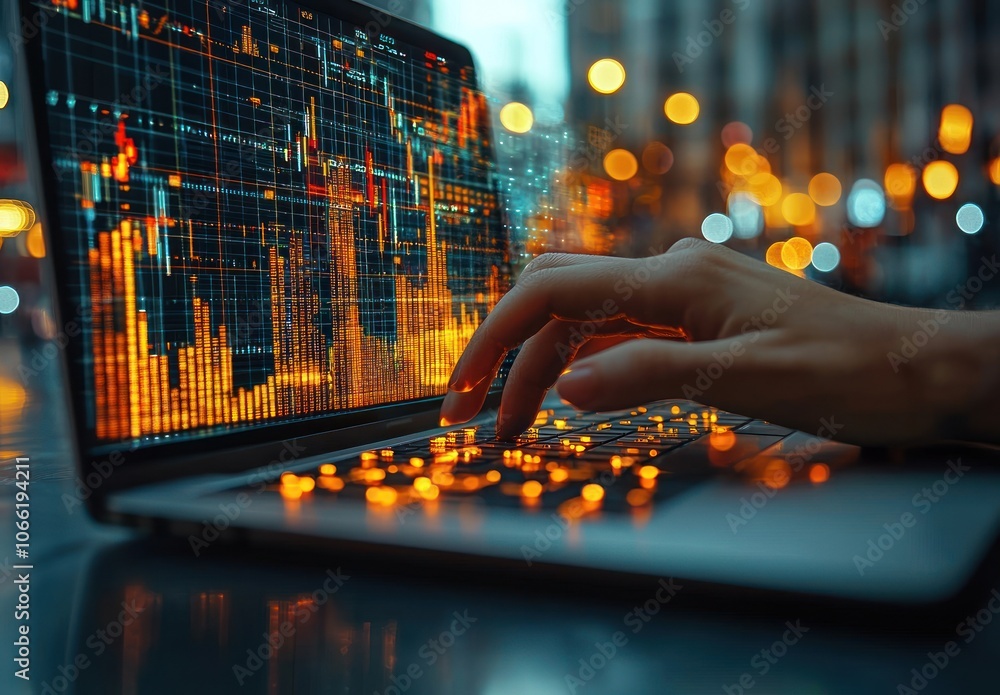 Leinwandbilder Close-up of a hand typing on a laptop with a stock market chart displayed on the screen, illuminated by city lights in the background