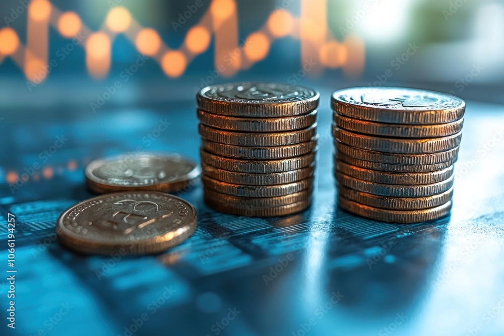 Poster two stacks of shiny coins on a blue surface with blurred lights in the background