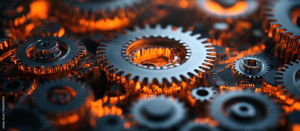 Poster close-up of metallic gears interlocking with an orange glow.