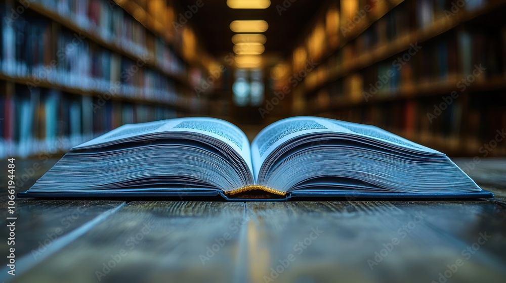 Aufkleber open book on wooden table with blurred bookshelf background