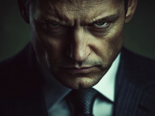 Fototapeta premium Portrait of a serious man in a suit with intense expression and dark background.