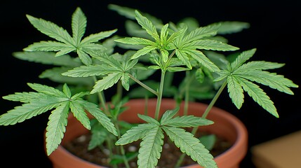 A close-up of a green cannabis plant in a pot, showcasing its vibrant leaves and growth.
