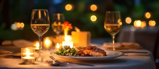 A romantic dinner for two with a candlelit setting.  Two glasses of white wine, a plated meal with fish and salad, and a warm candlelight glow.