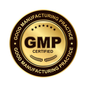 GMP Certified label ,Good Manufacturing Practice Gold Round Circle shiny sticker Badge with stars and laurel wreath, Supplement, Quality Control, Medical And Health Design Element Vector Illustration