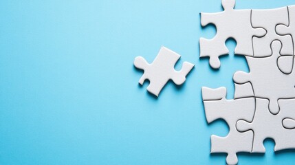 Single puzzle piece missing from a complete puzzle on a solid blue background symbolizing social exclusion