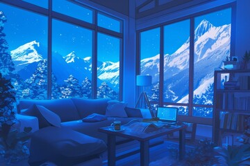 Ski lodge library with a reading nook and snow falling outside. Cozy vibe, Generative AI