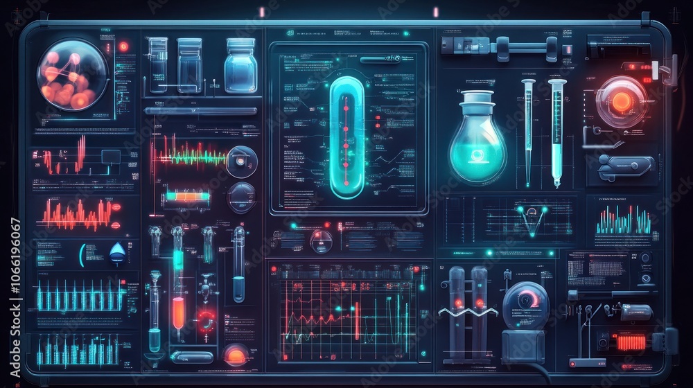 Poster futuristic laboratory interface with data visualizations, scientific equipment, and bio-samples