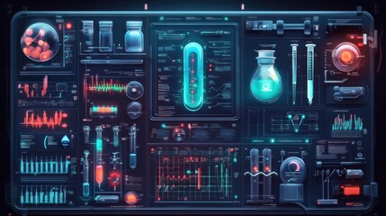 Obraz premium Futuristic Laboratory Interface with Data Visualizations, Scientific Equipment, and Bio-samples