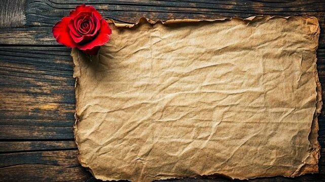 A red rose rests on a piece of parchment paper on a wooden surface