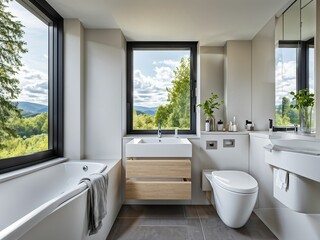 Modern bathroom with toilet and sink. There is a bright window with a view of nature.