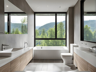 Fototapeta premium Modern bathroom with toilet and sink. There is a bright window with a view of nature.