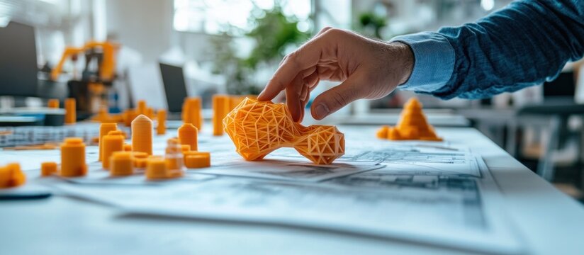 A hand reaches out to pick up a small orange 3D printed model on a white table, surrounded by other smaller models.