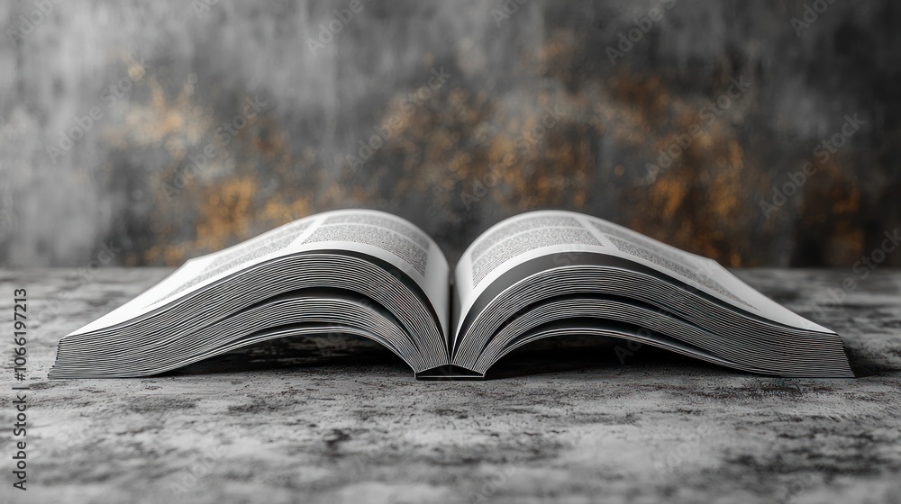 Poster open book with textured pages on a gray surface