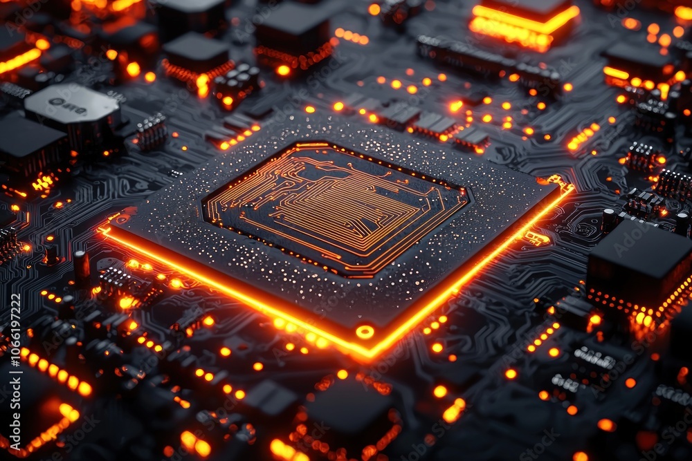 Aufkleber Close-up of a glowing orange circuit board with a central processor