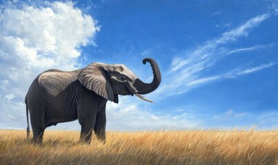 An elephant with its trunk raised, eating grass in the savannah