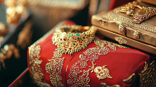 A gold necklace with green gems sits on a red box with intricate gold designs