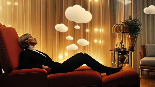 Elegant bedroom interior with rich burgundy walls, illuminated by warm golden table lamps. Contemporary chaise lounge features modern design. Floating cloud element adds whimsical surreal touch. 