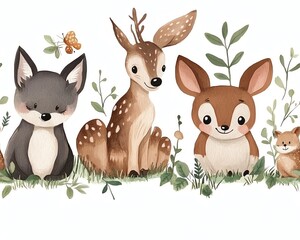Fototapeta premium Cute woodland animal seamless pattern with fox, squirrel, deer, bird, and mushroom illustrations.