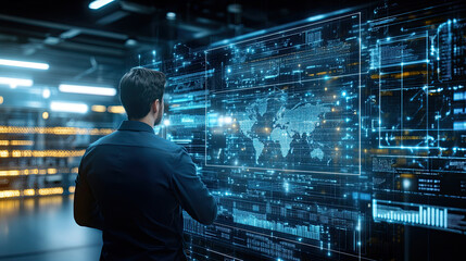 modern office space featuring confident professional interacting with digital interface displaying global data and analytics. atmosphere is high tech and innovative