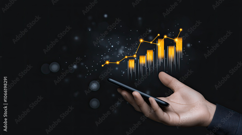 Poster hand gripping smartphone displaying digital marketing graphs and data trends, symbolizing growth and