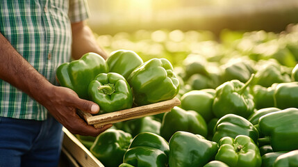 Fresh green bell peppers being inspected by farmer in vibrant field. sunlight enhances rich green color, showcasing healthy produce