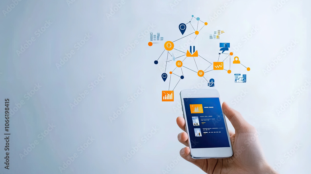 Poster hand holding mobile device displaying data analytics and network icons, symbolizing technology and c