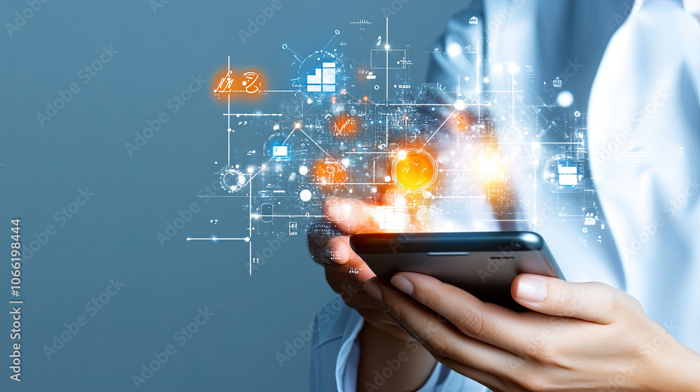 Aufkleber person holding mobile device displaying digital icons and data visualization, symbolizing technology