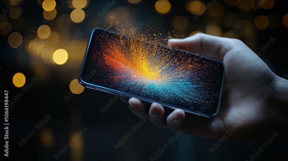 Poster hand holding mobile device displaying vibrant explosion of colors, symbolizing technology and creati