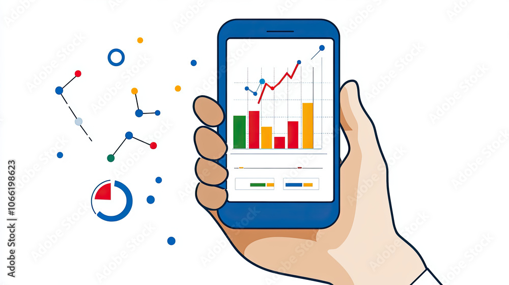 Poster hand holding smartphone displaying success metrics and graphs, showcasing data analysis and growth t