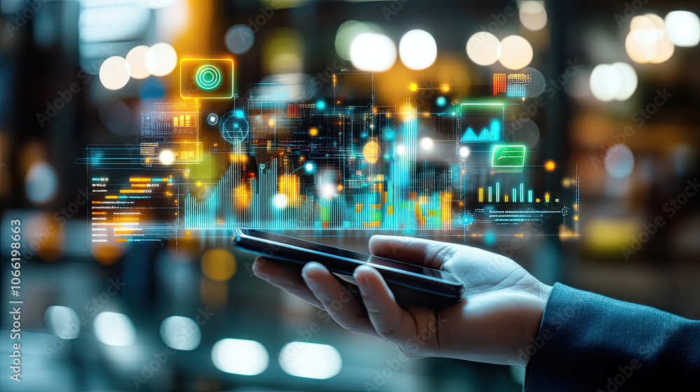 Poster hand holding smartphone displays vibrant infographics and data visualizations, showcasing modern tec