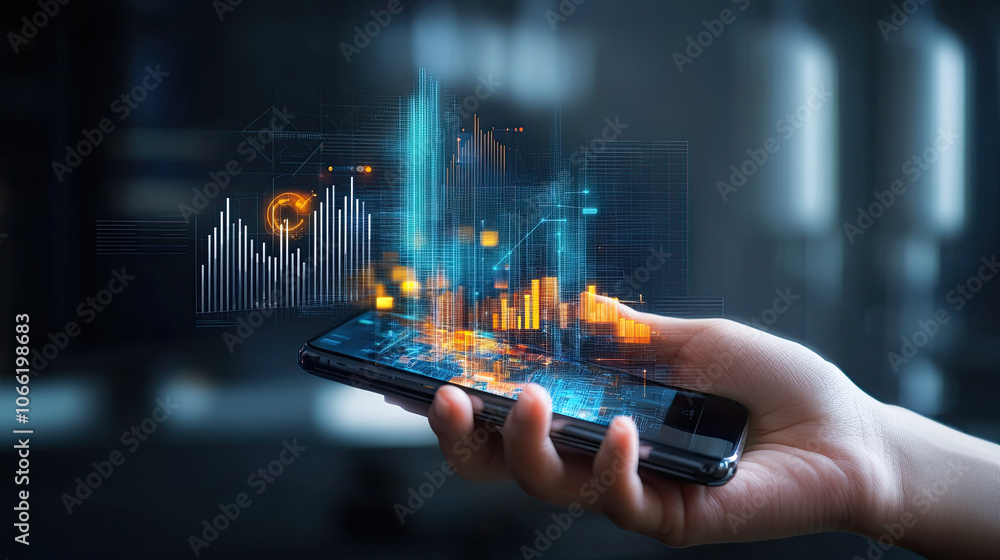 Poster hand holding smartphone displaying vibrant infographics and data visualizations, showcasing technolo