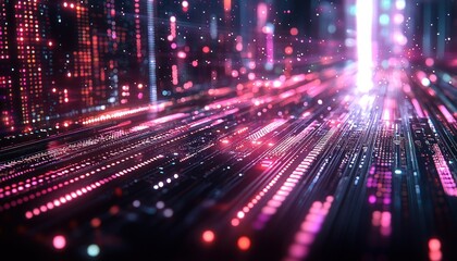 Fototapeta premium Abstract Futuristic Cityscape with Neon Lights and Bokeh Effects