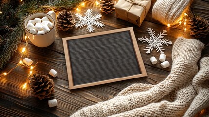 Winter letter board with cozy decor including hot cocoa with marshmallows, pine cones, and knitted...