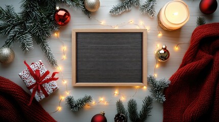 Holiday letter board with red and gold ornaments, pine branches, gift box, and twinkling string lights on white background
